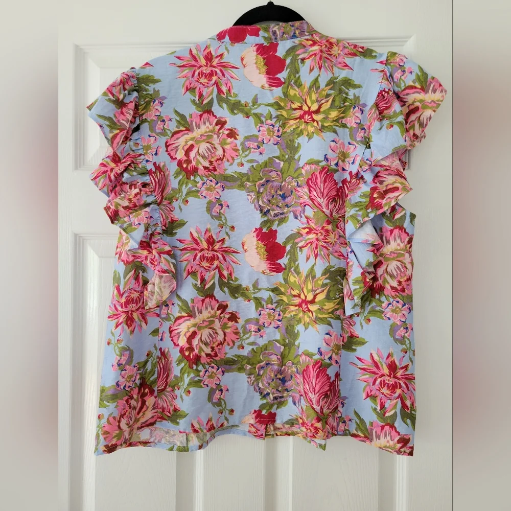 NWT Rachel Rachel Roy Blue Flutter Sleeve Blouse with Mandarin Collar - Picture 2 of 6